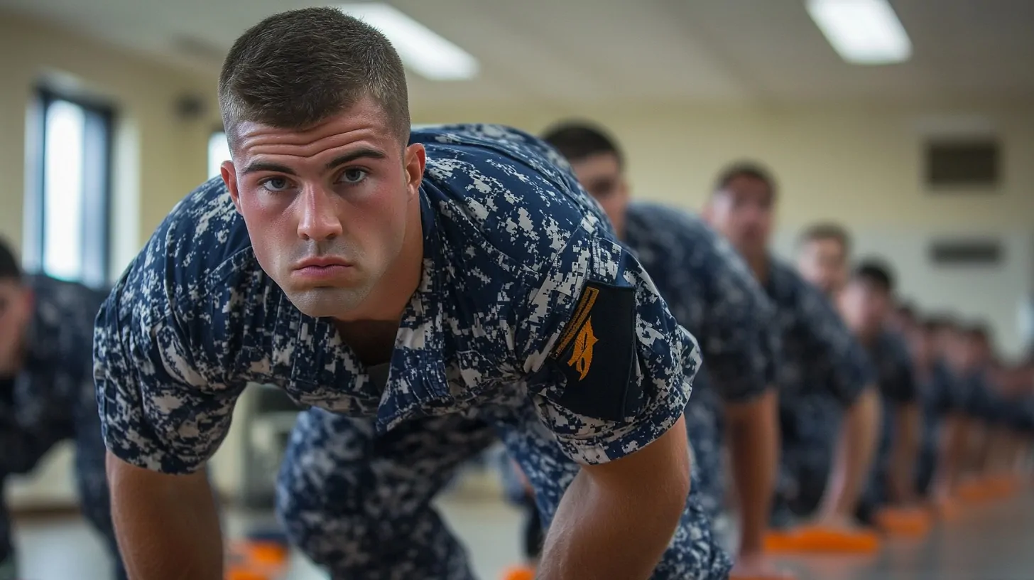 A Coast Guard recruit in blue camouflage uniform focuses intensely while performing push-ups, with other recruits in the background