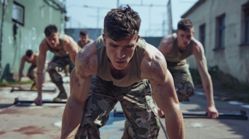 Boot camp training, three guys in tank tops exercising