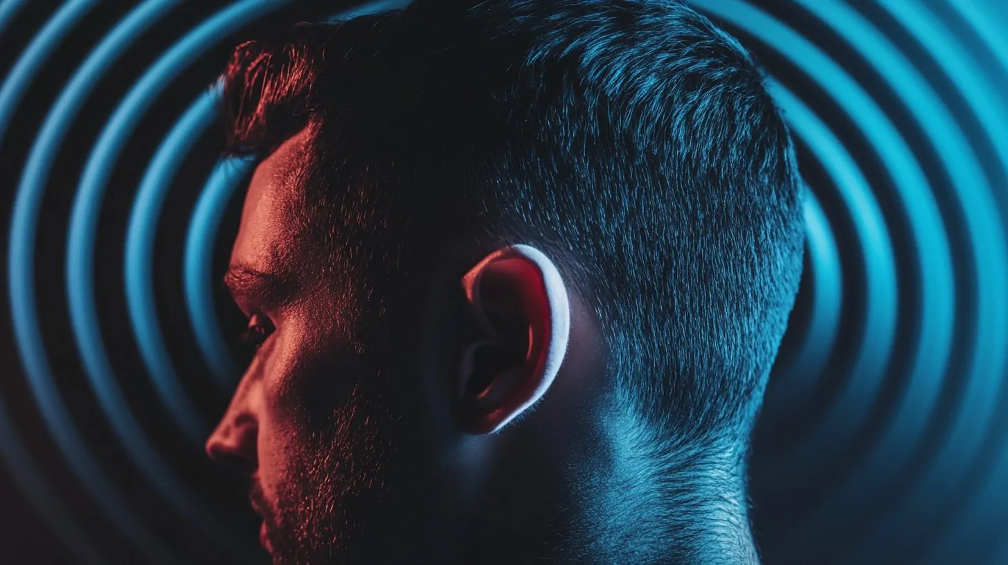 A close-up of a man's ear with blue concentric sound waves surrounding him, symbolizing hearing and sound perception