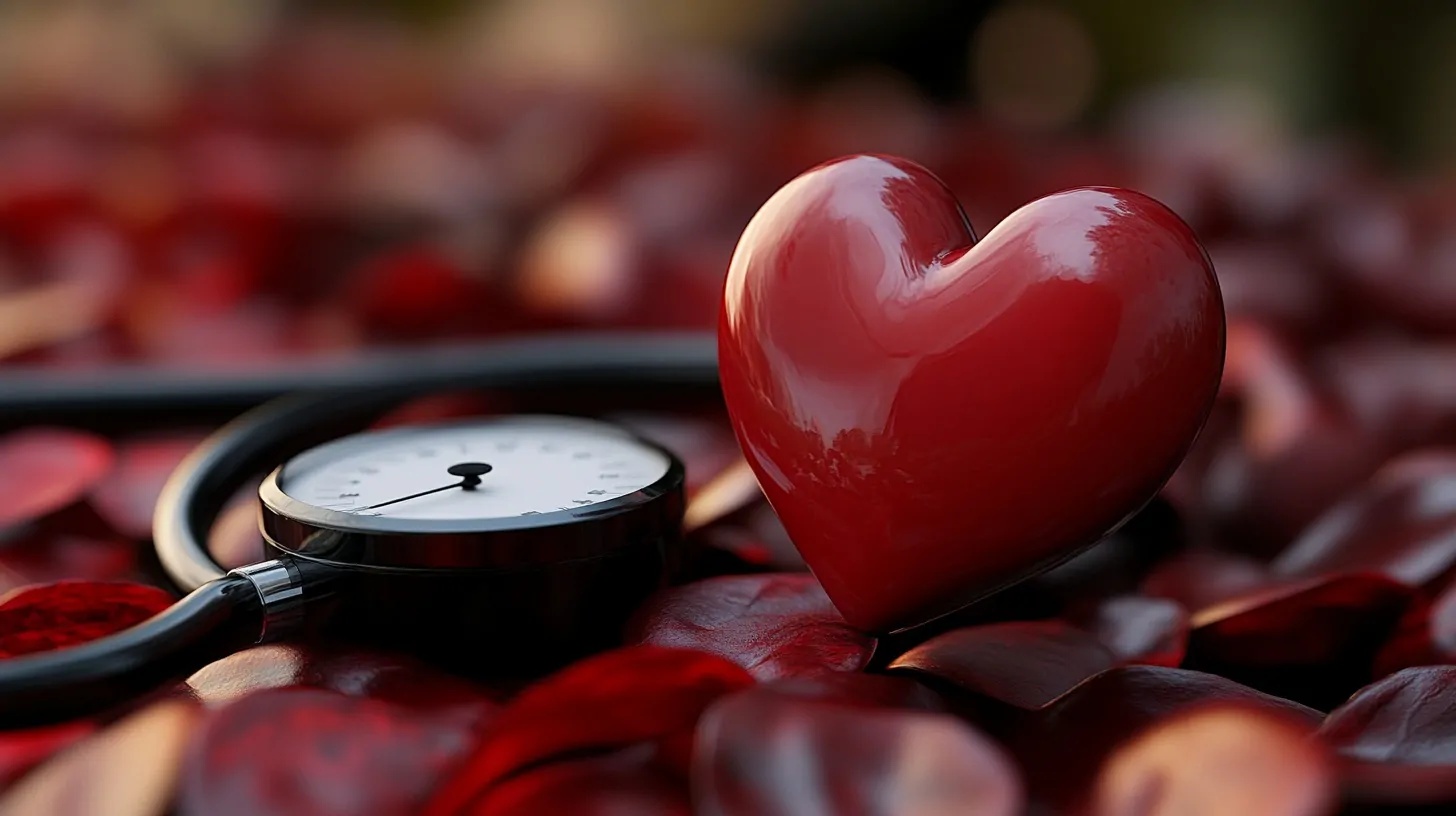 A shiny red heart next to a blood pressure monitor, surrounded by petals, symbolizing heart health and hypertension awareness