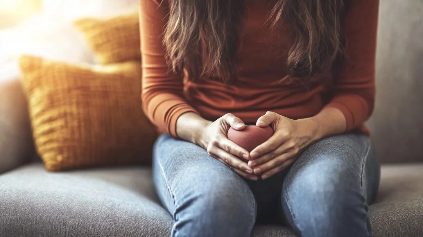 A woman sitting on a couch, holding a heart-shaped object near her lap, symbolizing health and emotional well-being