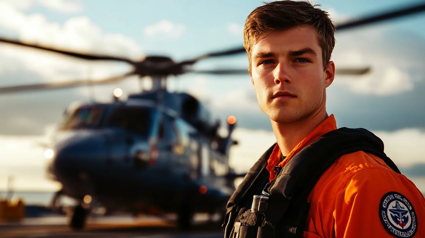 A young Coast Guard officer in an orange uniform stands confidently in front of a helicopter, ready for duty