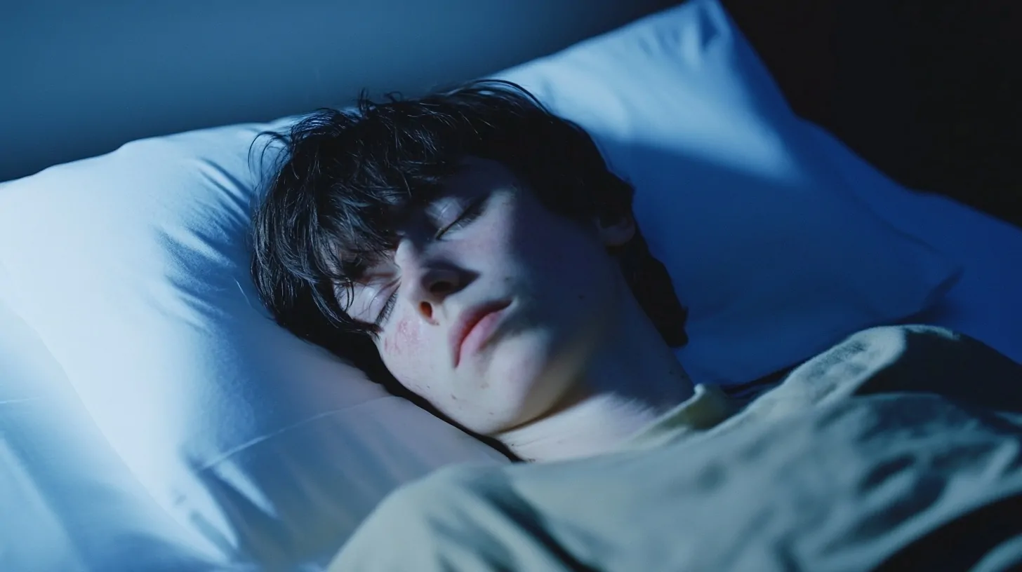 A young person sleeping on a pillow under soft blue light, symbolizing rest and neurological health