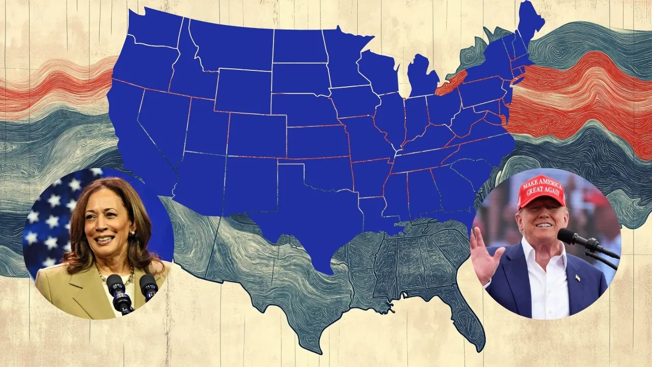 illustrated map of the United States highlighting swing states, featuring images of Kamala Harris and Donald Trump in circles on either side of the map