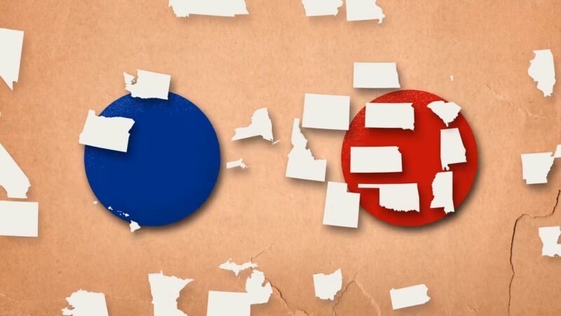 An Image Showing U.S. States Split Between a Blue Circle for Democrats and A Red Circle for Republicans, Highlighting Swing State Trends