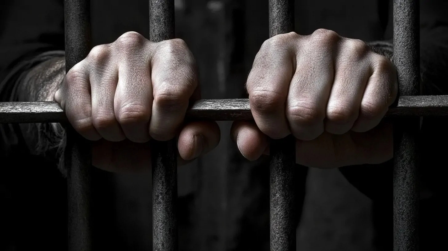 Two hands holding onto prison bars, showcasing a tense grip, with a dark background emphasizing the seriousness of the situation