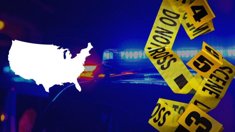 An Image Depicting a White Silhouette of The United States Map, Overlapping with Yellow Police Crime Scene Tape, Against a Backdrop of Flashing Blue and Red Police Lights, Symbolizing Crime Rates in The U.S.