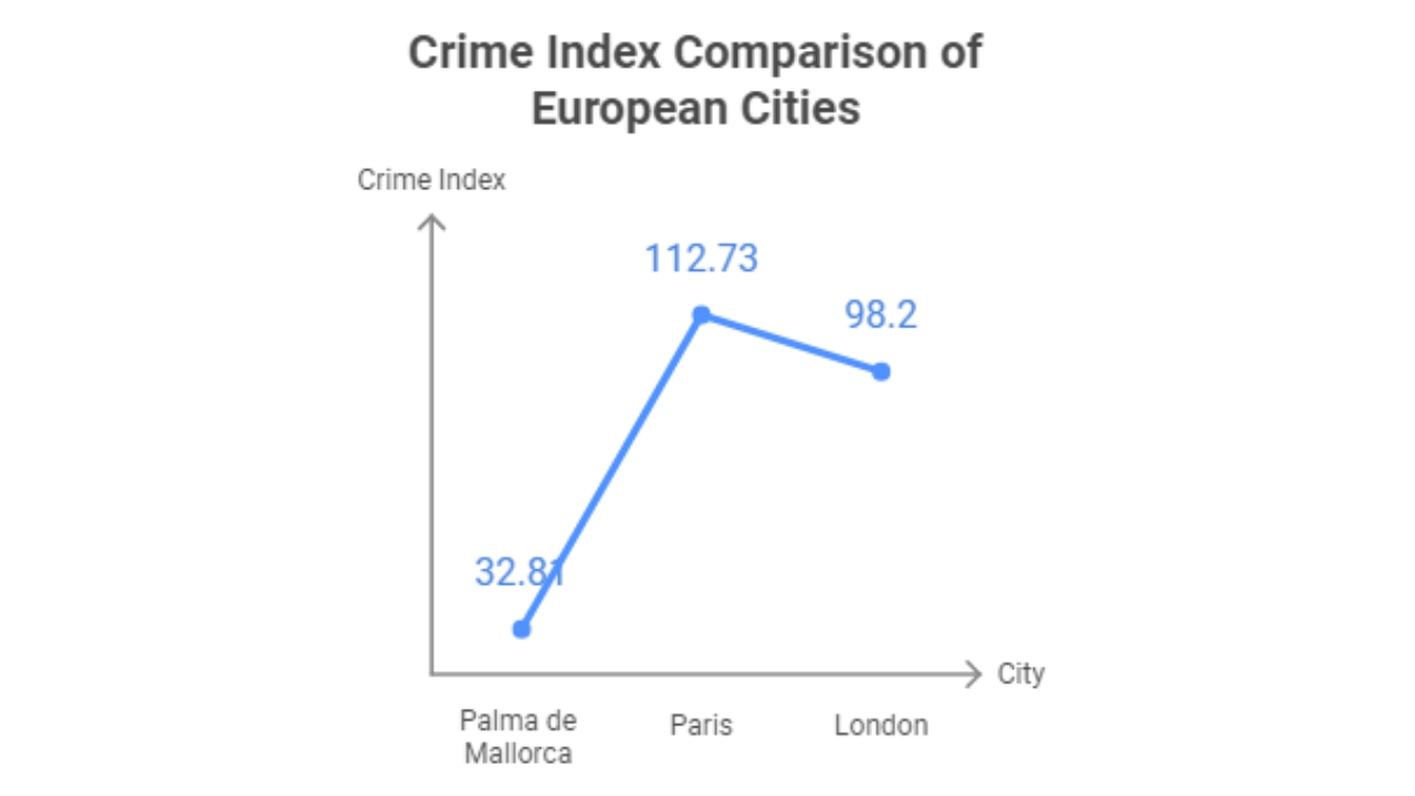 Crime index comparison of European cities - Mallorca, Paris and London