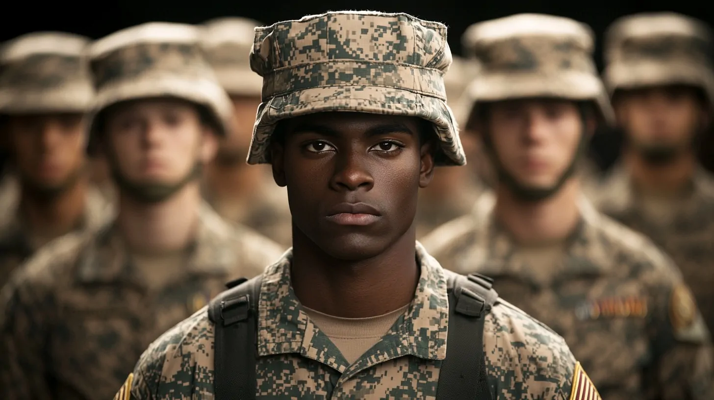 A focused soldier in uniform stands in the foreground, with fellow soldiers blurred in the background.