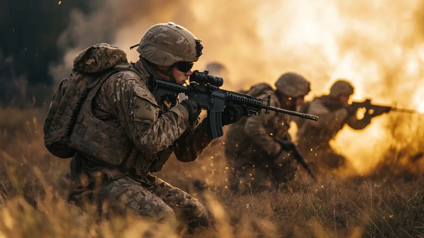 soldier crouches while aiming a rifle amidst a smoky battlefield, with other soldiers in the background, demonstrating the adrenaline-fueled moments of military training and the risks involved