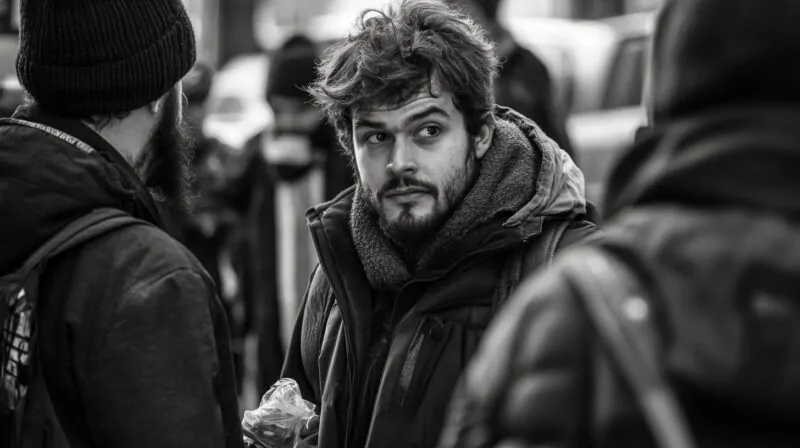 black and white photograph of a young man with a scruffy beard and messy hair, looking thoughtfully over his shoulder. He is wearing a heavy jacket with a scarf around his neck