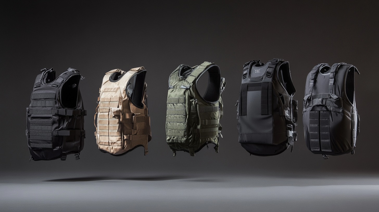 A selection of bulletproof vests in different colors including black, tan, and olive green, displayed against a dark background, highlighting their design and features