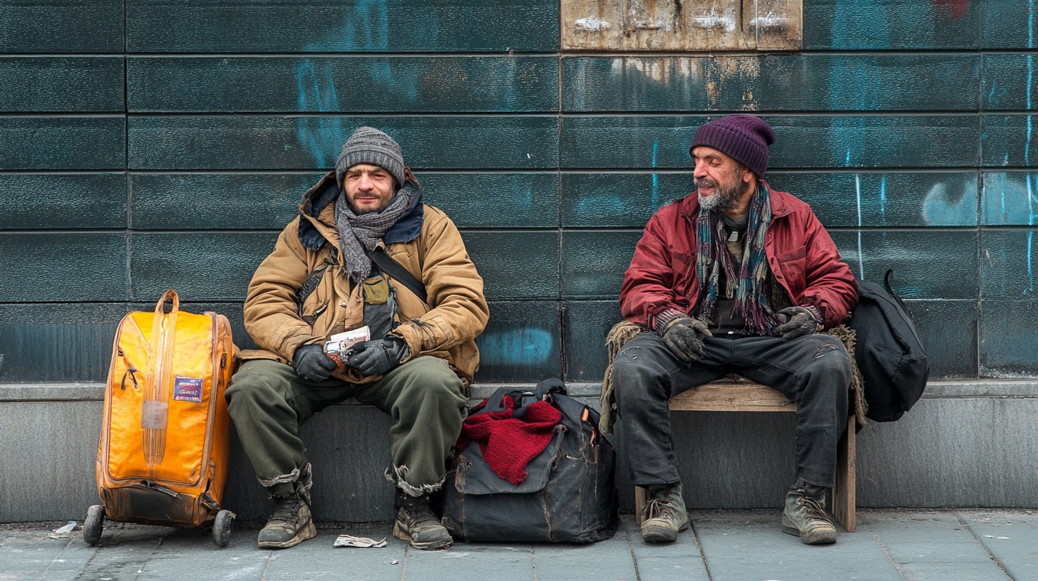 Two homeless men, one with an orange suitcase and the other with a black bag, sitting on a bench against a textured wall, depicting their challenges and companionship