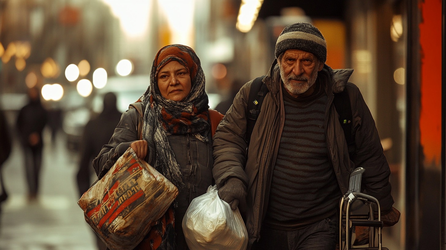 man and woman, dressed in warm clothing, walk together on a city street carrying bags. The background is blurred with other pedestrians and city lights