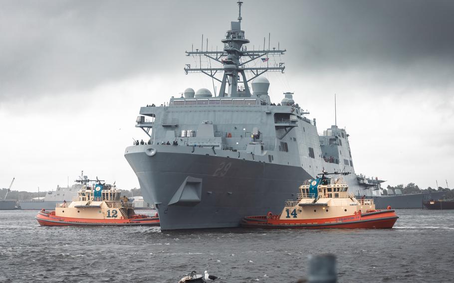 The USS Richard M. McCool Jr., a San Antonio-class amphibious transport dock ship, pulls into Naval Station Mayport