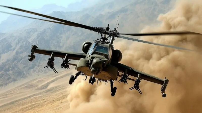 A US military Apache helicopter flying low over a dusty landscape, kicking up clouds of dust while displaying its weaponry, including rockets and machine guns, with mountains visible in the background