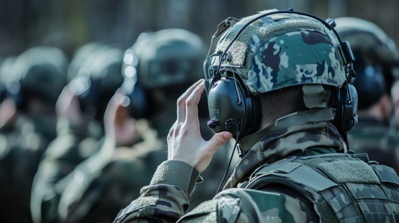 group of soldiers wearing tactical gear and headsets, adjusting their equipment as they prepare for a mission, with a focus on one soldier's hand near his headset