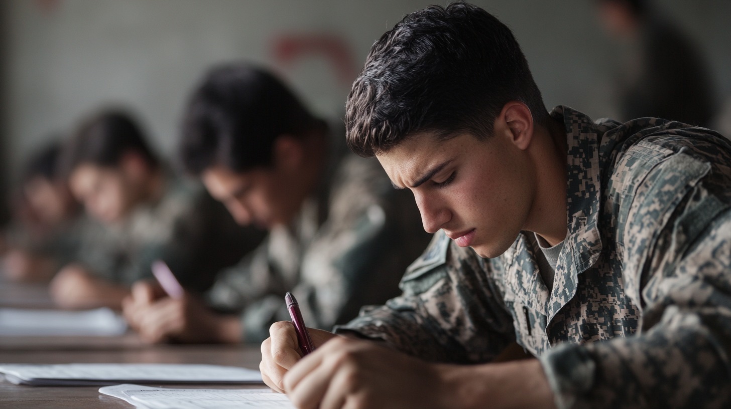 Focused young soldier in uniform taking a test alongside peers in a classroom setting