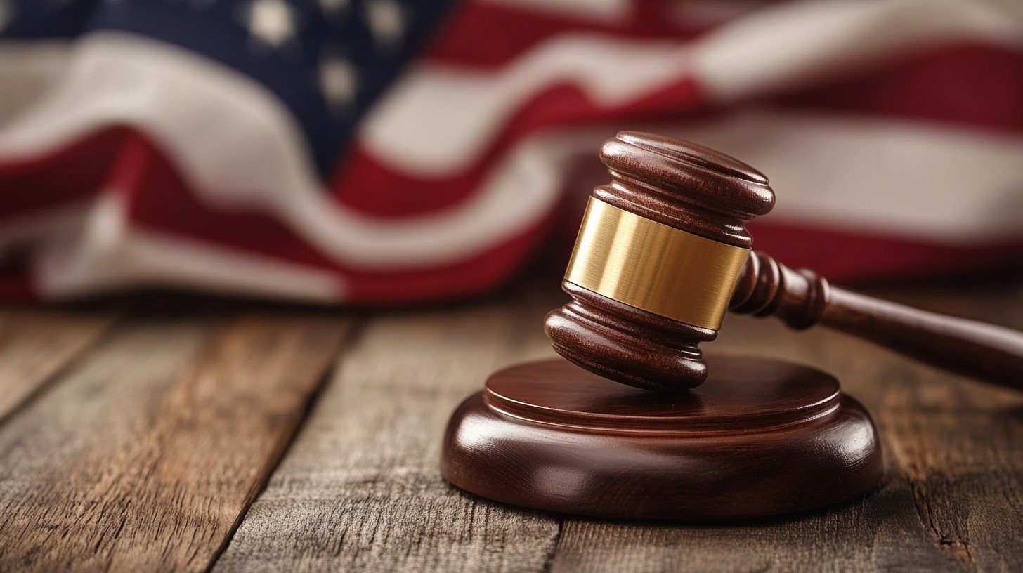 close-up image of a wooden gavel resting on a sound block, with an American flag in the background, symbolizing justice and legal proceedings