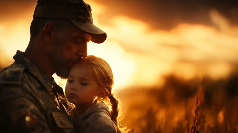 A Veteran Holding Their Child at Sunset