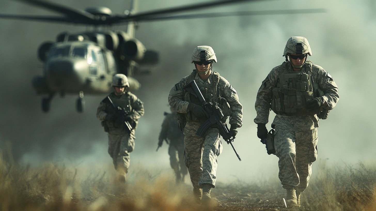 U.S. Army soldiers in combat gear walking in formation with a helicopter hovering behind them in a dusty environment