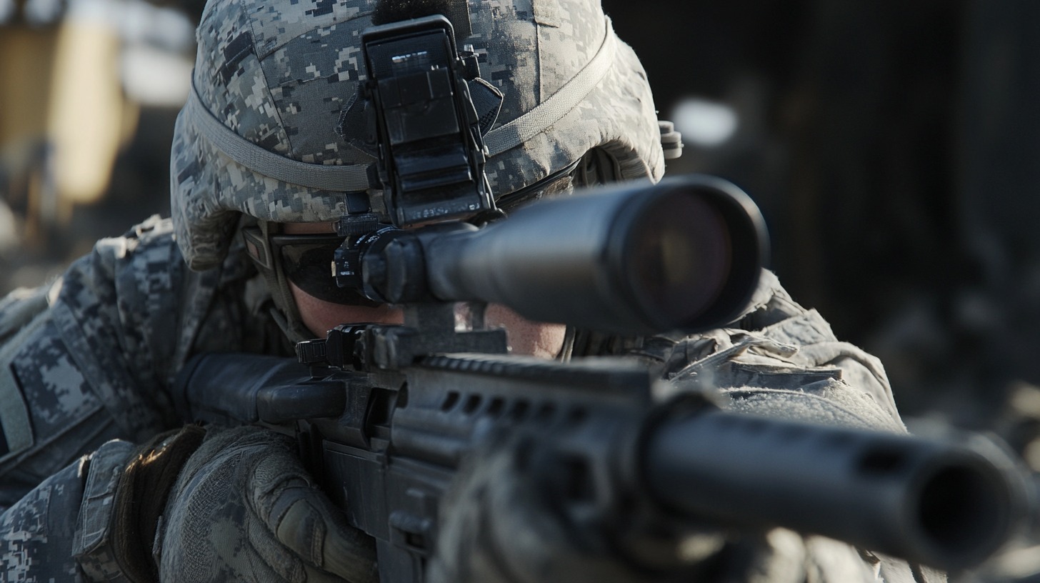 Soldier in camouflage uniform aiming through the scope of a rifle in a tactical stance