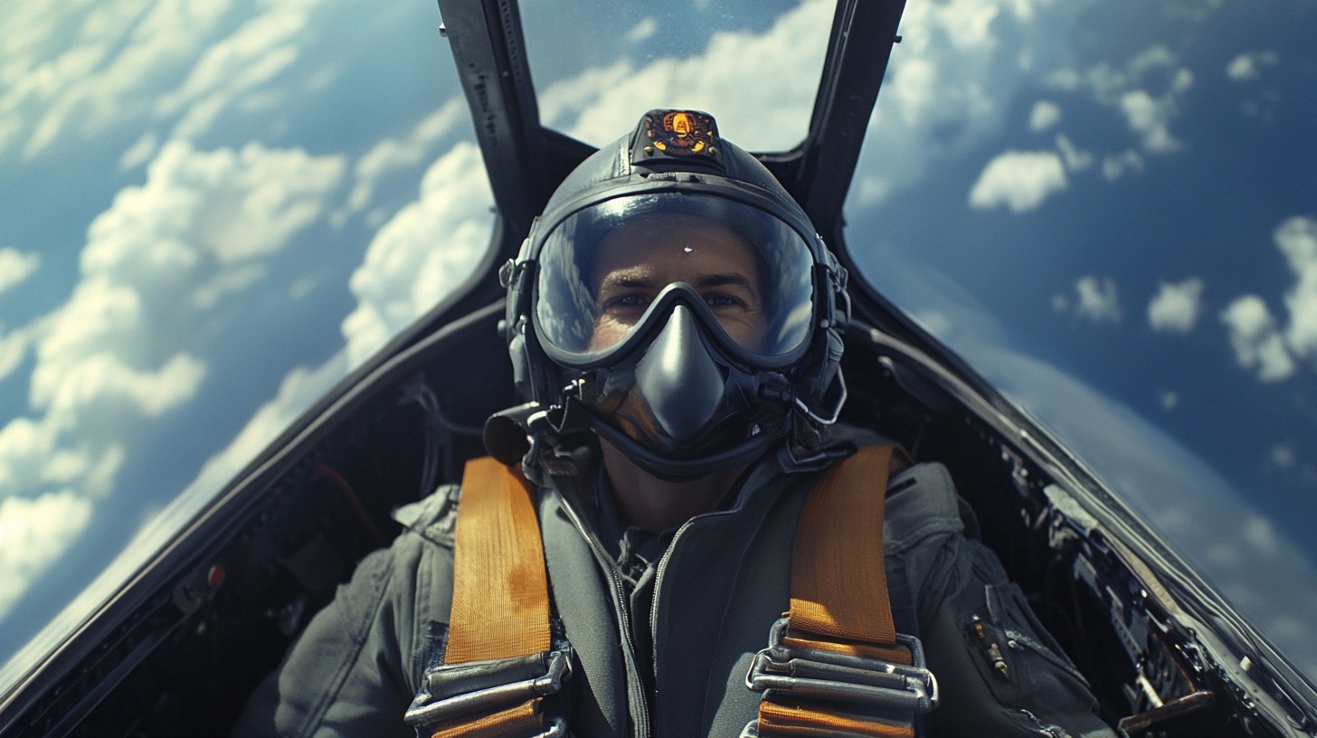 Close-up of a pilot wearing a helmet and oxygen mask in the cockpit of a jet with clouds visible in the background