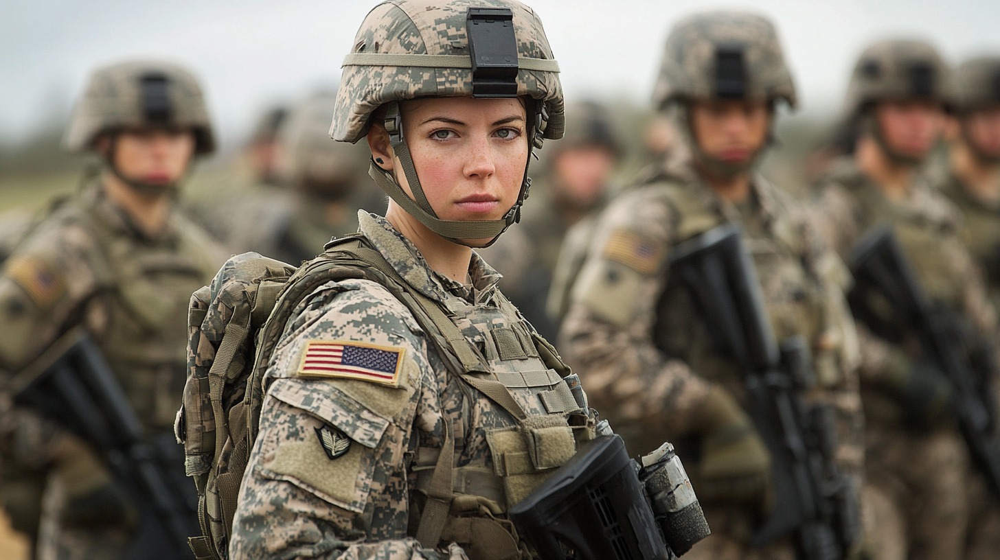 Female soldier in full uniform and gear standing in formation with other soldiers, looking confidently forward