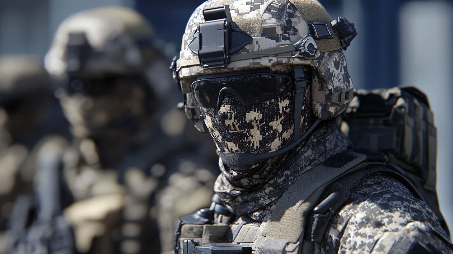 Close-up of a soldier in advanced camouflage gear, wearing a tactical helmet, goggles, and a face mask