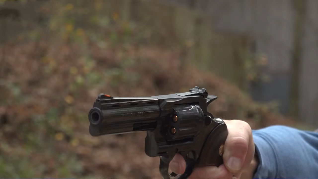 person holding a Colt Python revolver outdoors, showcasing its sleek black finish and design