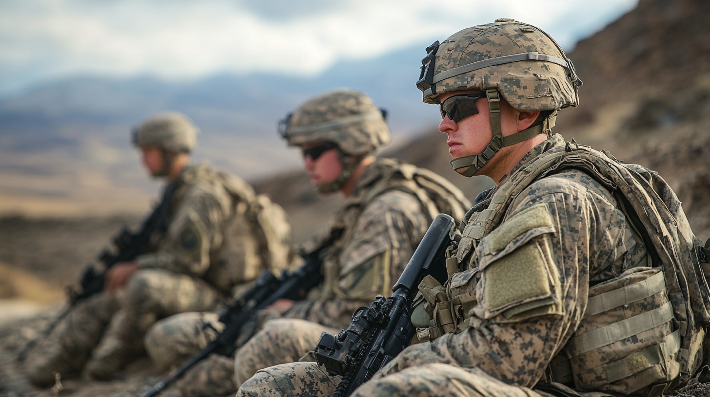 Group of soldiers in camouflage uniforms sitting on the ground in a desert environment, holding their rifles and wearing tactical gear