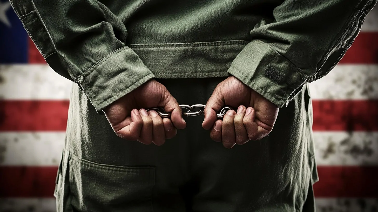 Person in military uniform with hands in chains against a backdrop of the American flag