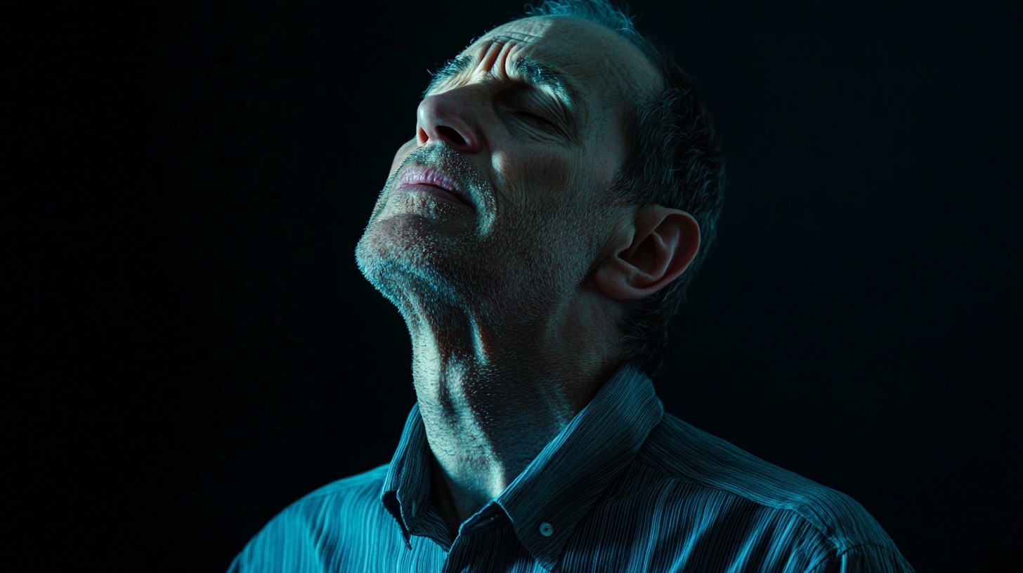 close-up portrait of an older man with glasses, looking upward thoughtfully against a dark background