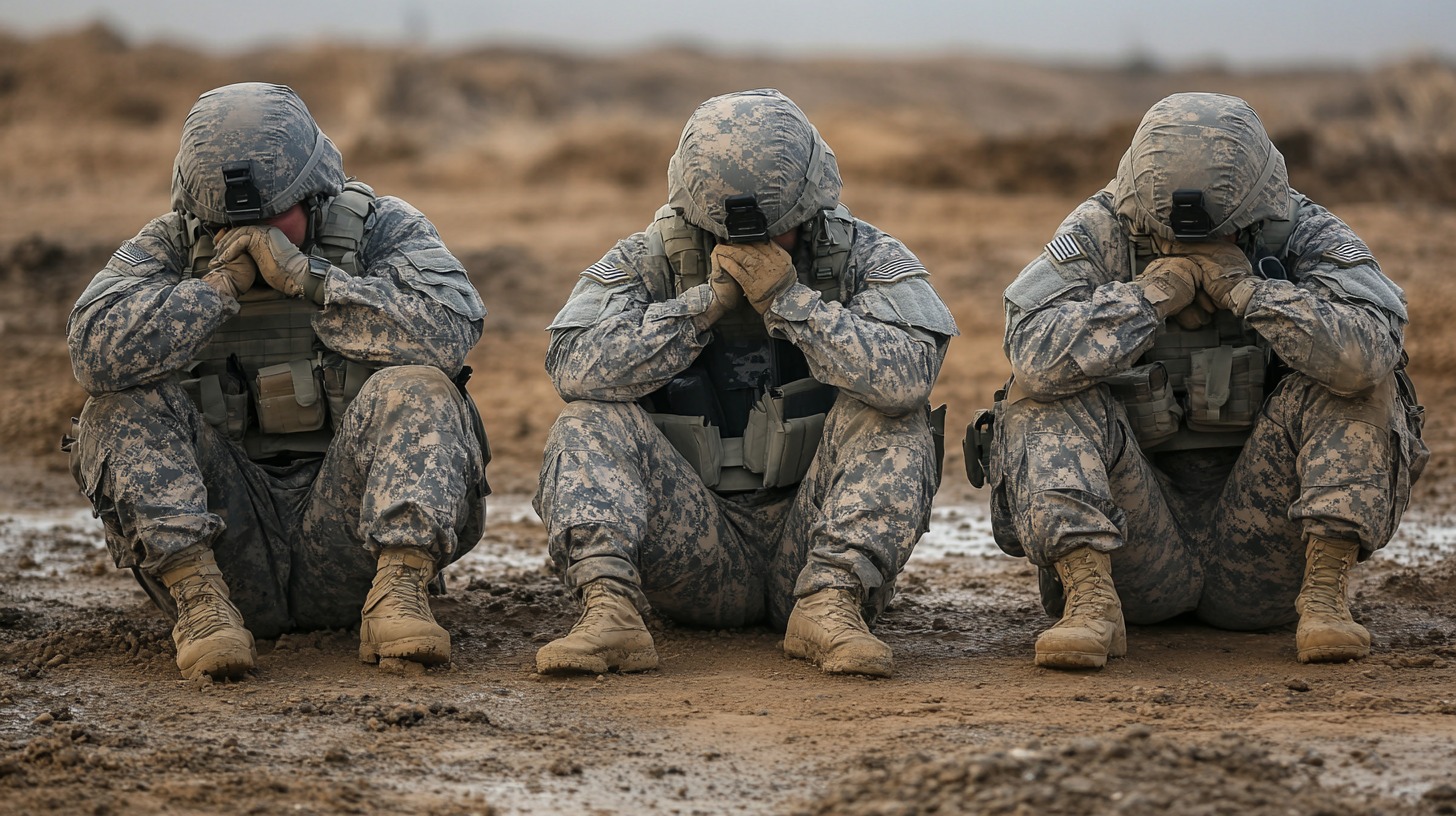 Three military personnel in camouflage gear are sitting on the ground, their heads bowed and hands covering their faces, expressing distress and contemplation