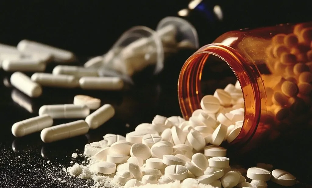 Close-up of spilled white pills and powder from an overturned bottle on a dark surface