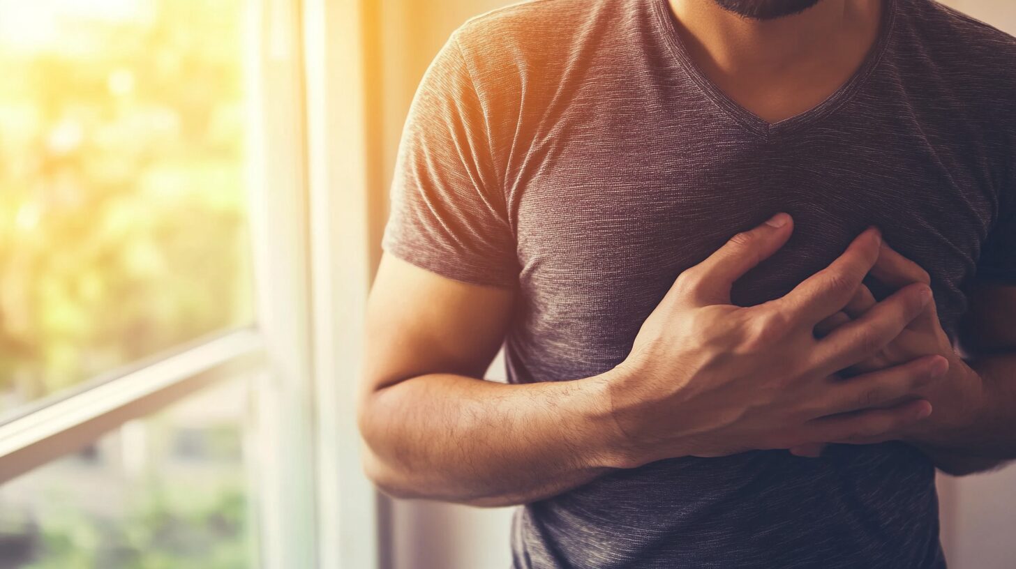 close-up of a man's upper body as he holds his chest in discomfort, with a warm sunlight filtering through a window in the background