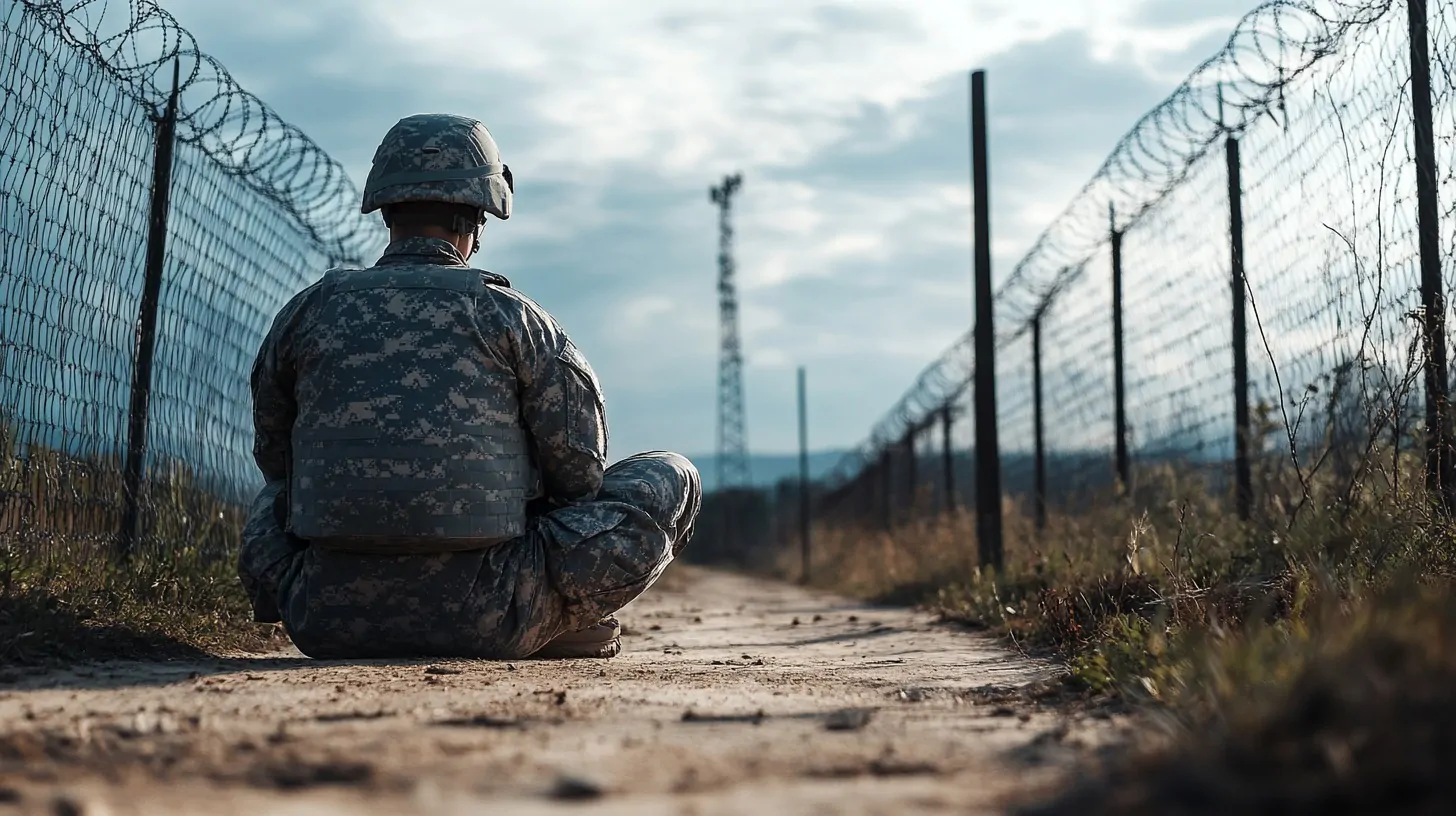 A soldier sitting on the ground near a barbed wire fence, reflecting, with a tower visible in the distance