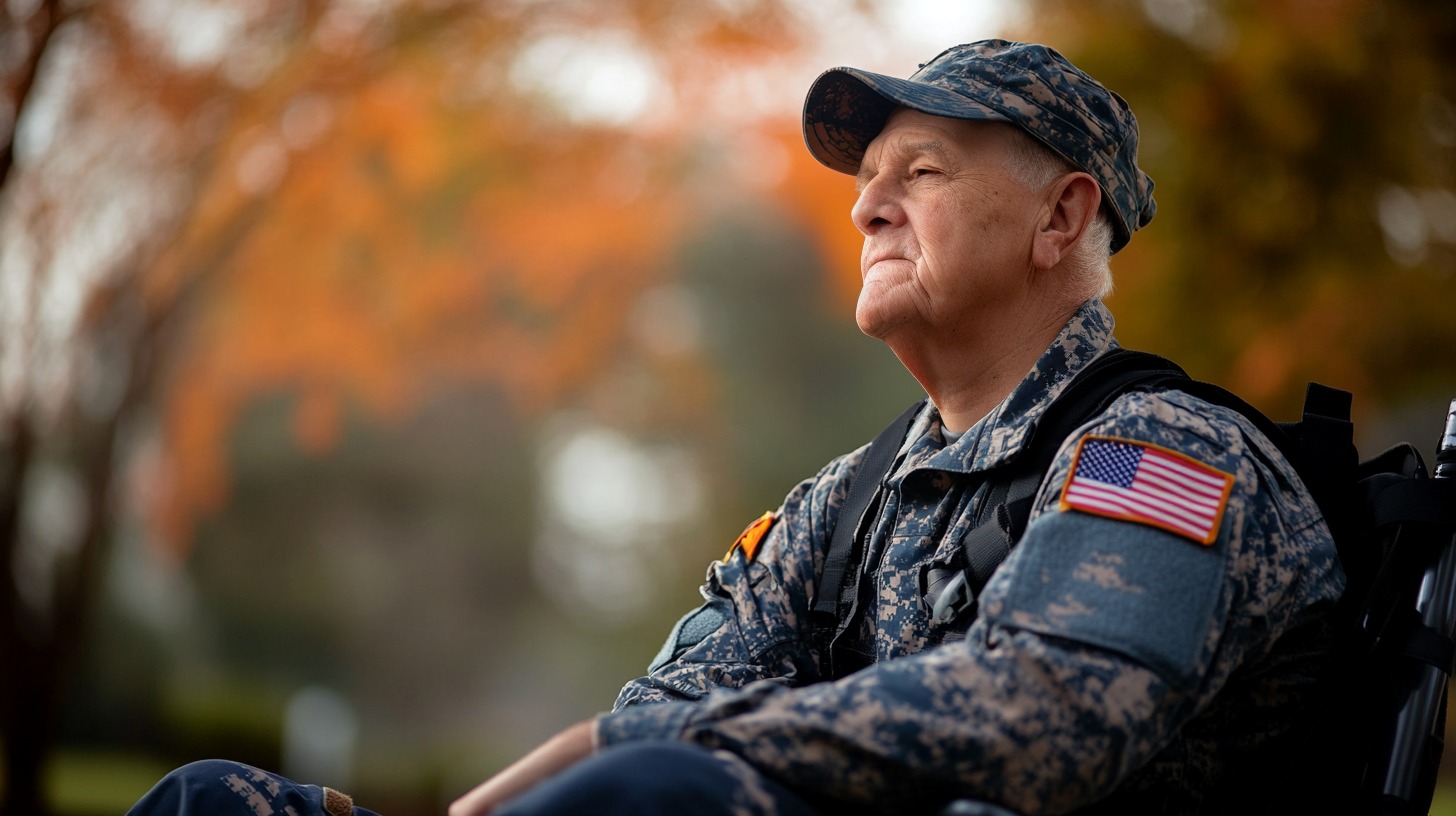 Elderly veteran in uniform sitting outdoors, looking thoughtful, with autumn trees in the background