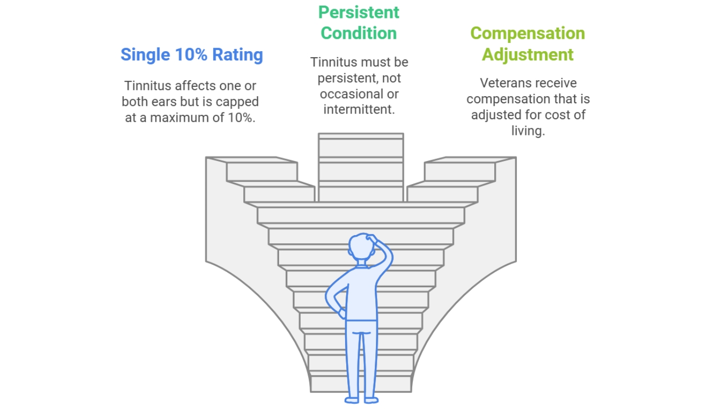 Illustration explaining VA tinnitus disability rating criteria, showing a person looking at steps