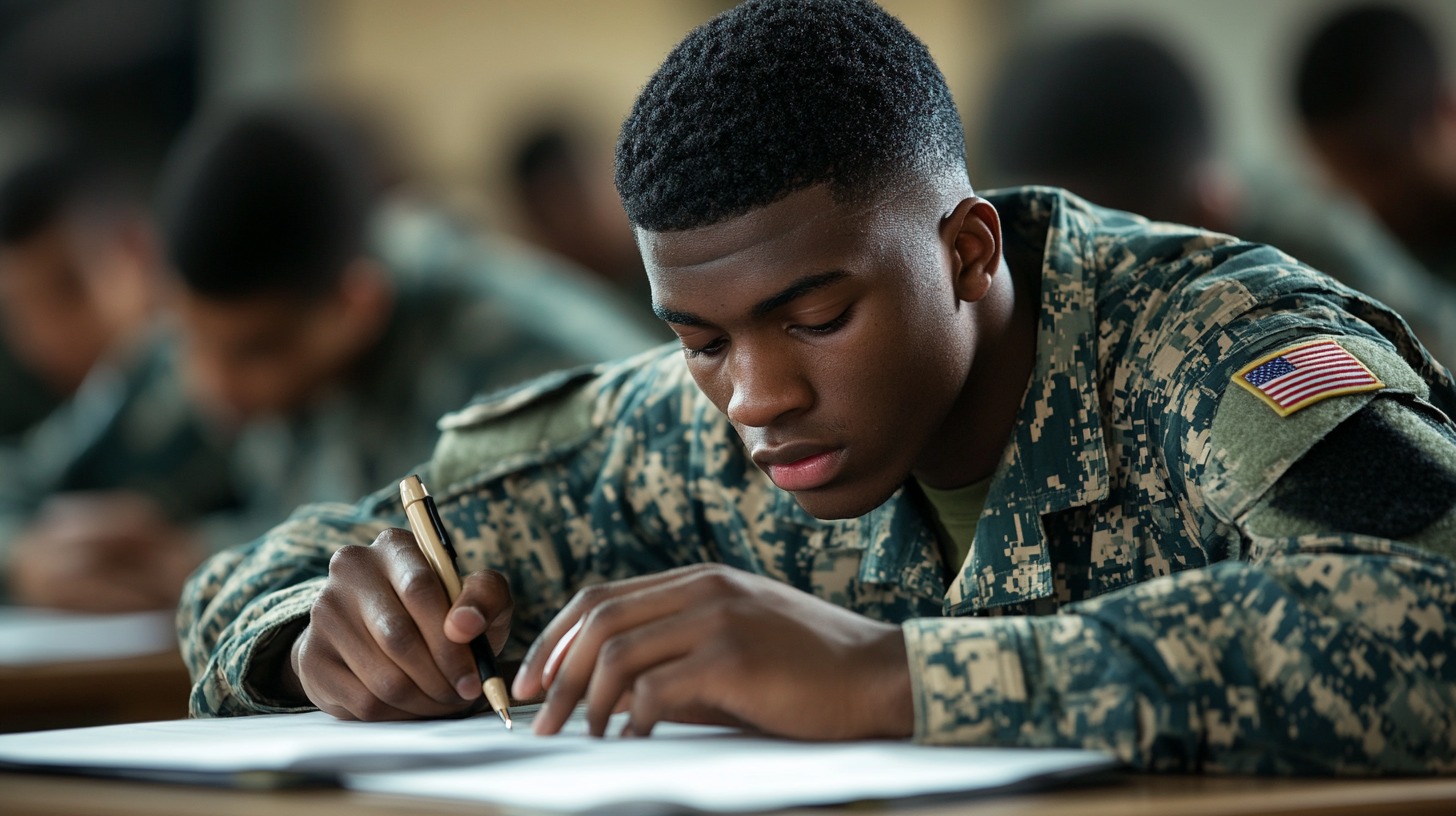 Young soldier in uniform concentrating on writing during a test in a classroom setting