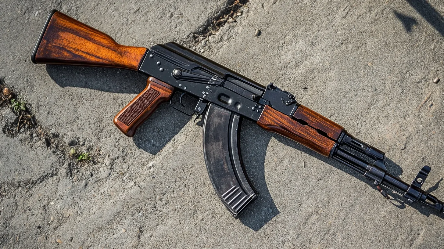 An AK-47 rifle with a wooden stock and grip, resting on a concrete surface