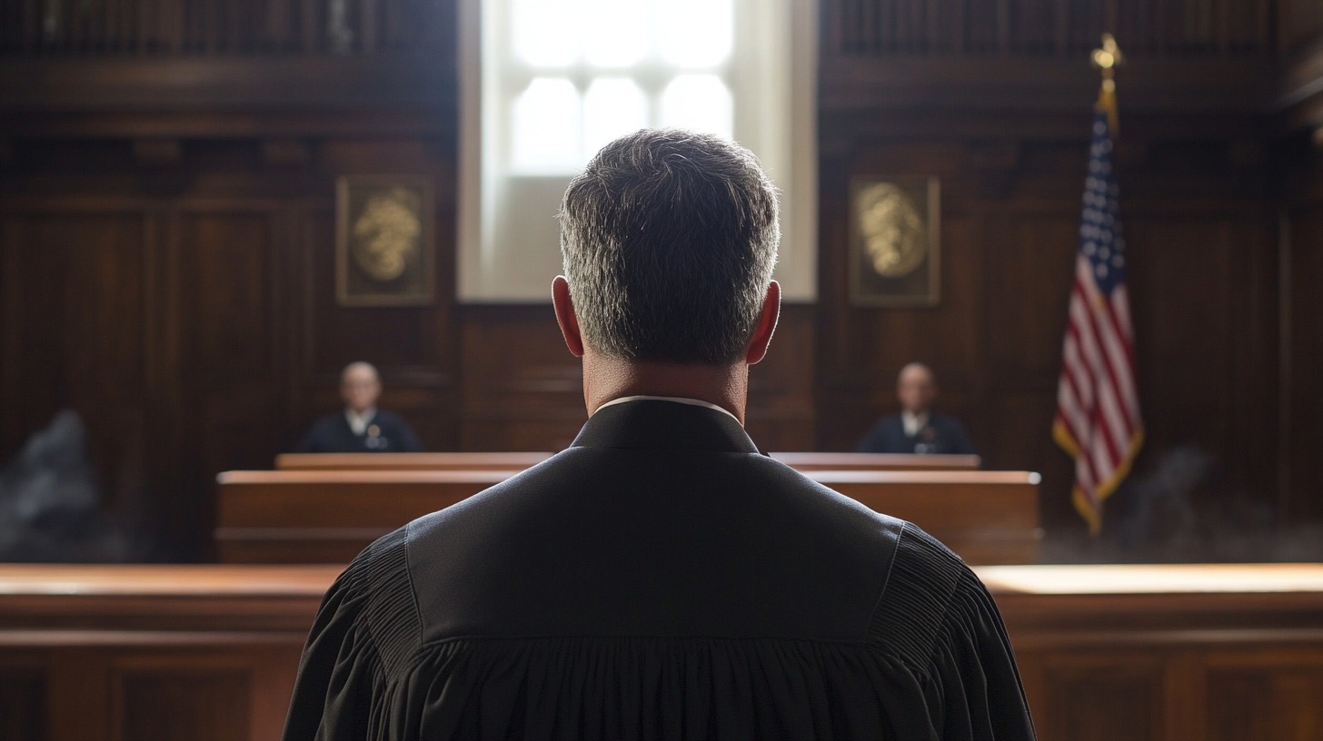 Judge in a black robe stands before a courtroom bench, with two officials seated in the background and an American flag to the side