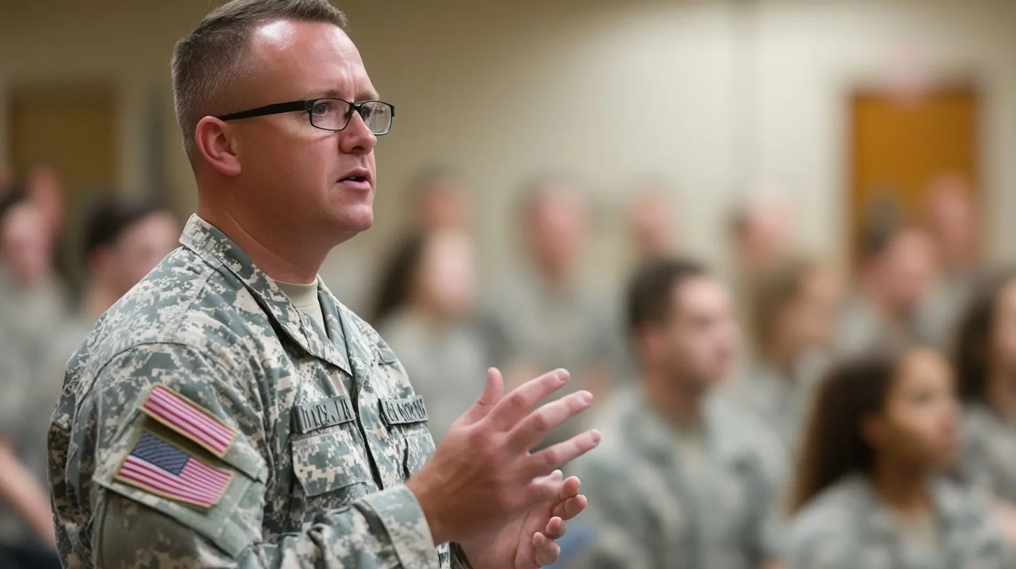 A military officer in uniform speaks to an audience of service members in a training session, focusing on veterans' support programs, with many listeners in the background