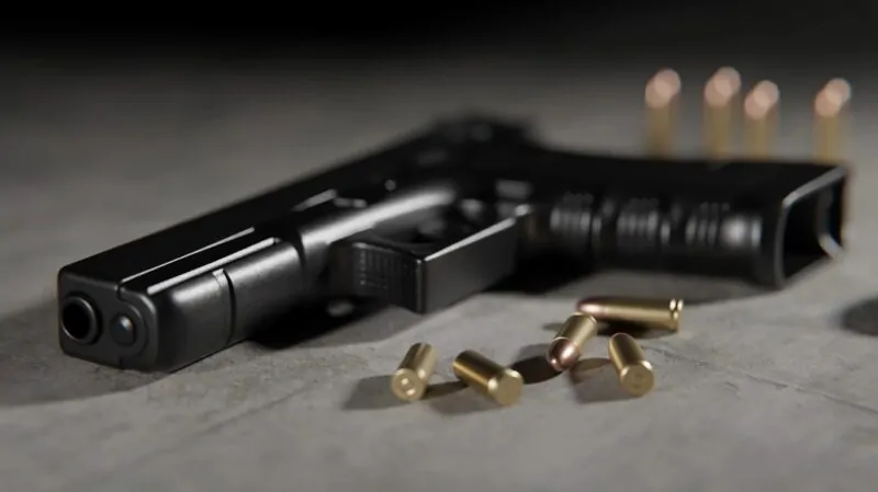 Black semi-automatic handgun surrounded by bullets