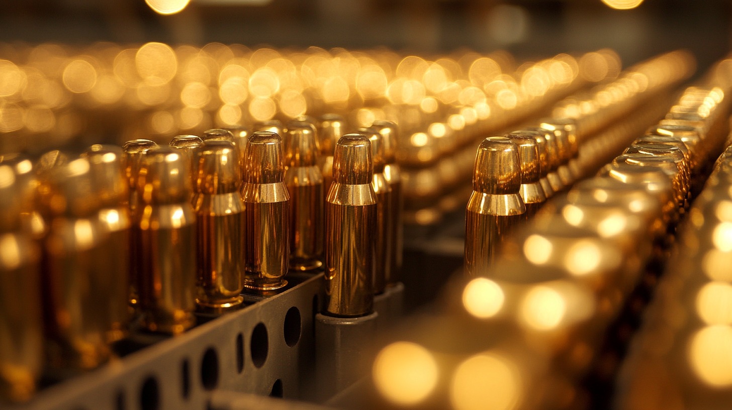 Close-up view of rows of golden ammunition bullets lined up in a manufacturing facility