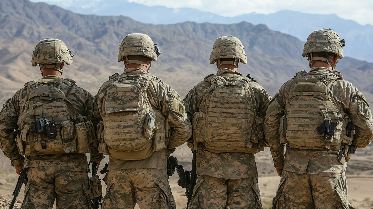 Four soldiers in camouflage gear stand side by side, facing away from the camera, looking out at a mountainous terrain under a clear sky.