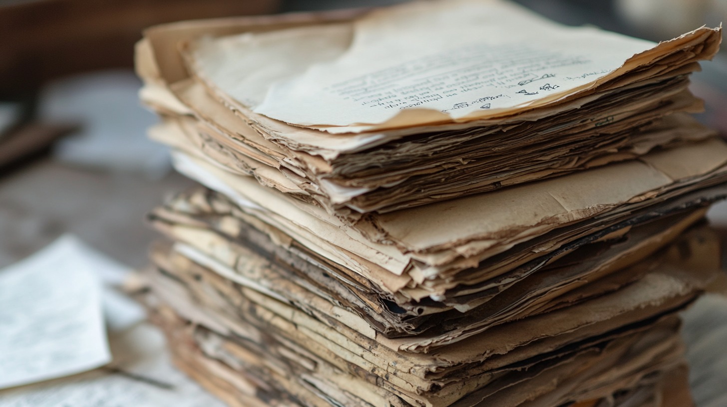 Close-up of a tall stack of old, weathered documents and papers