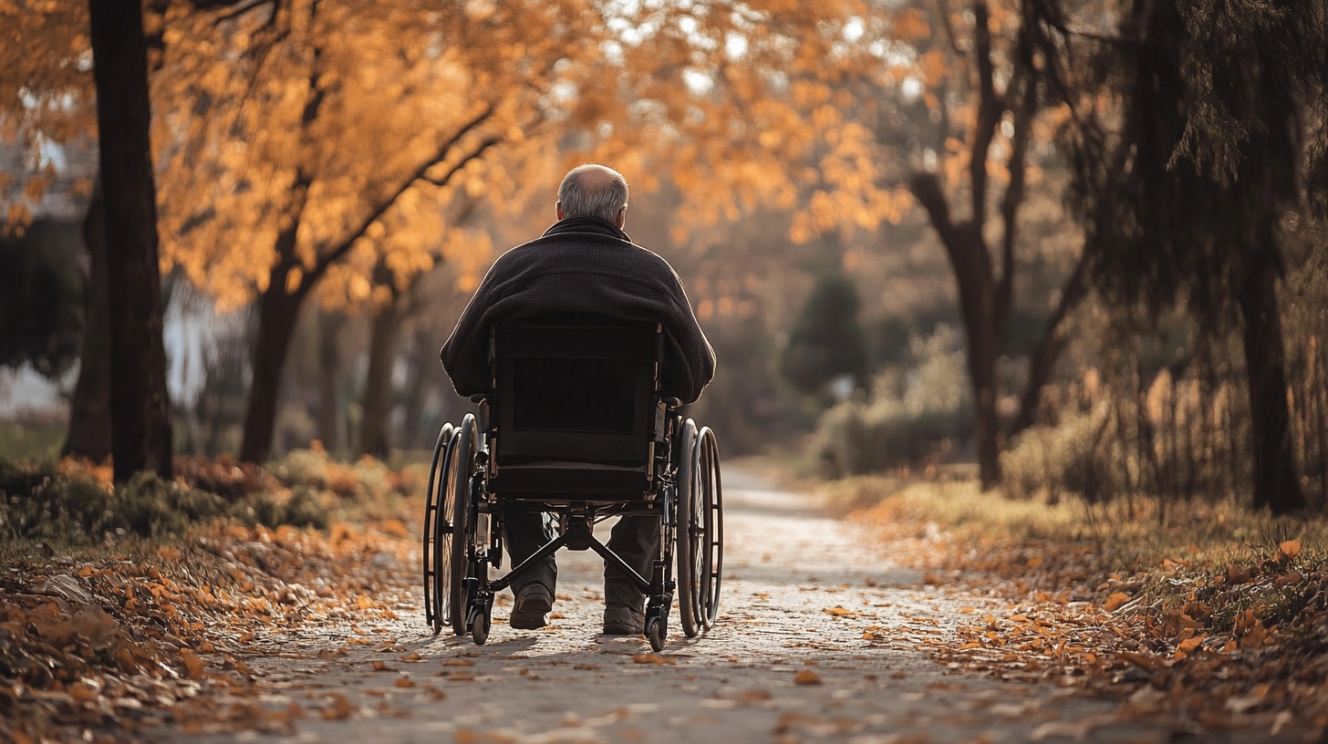 An elderly person in a wheelchair on a peaceful autumn path, surrounded by trees with golden leaves