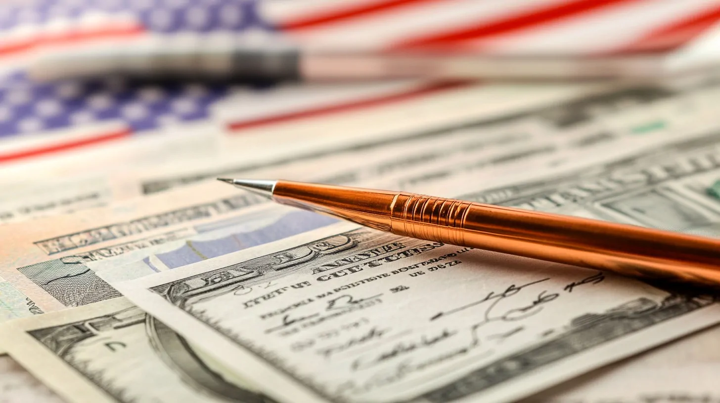 U.S. dollar bills and a pen resting on top, with a blurred American flag in the background, symbolizing financial matters and taxation related to VA benefits