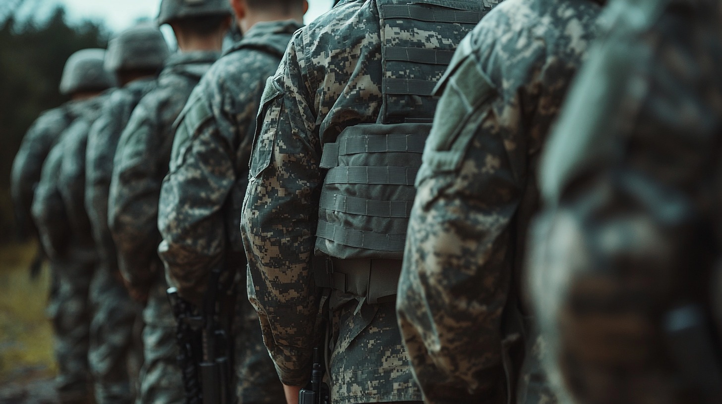 Back view of soldiers in camouflage uniforms lined up in formation, displaying their tactical gear and rifles